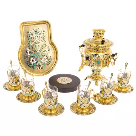 Чайный набор с самоваром "Русское застолье" на 6 персон, с малахитом, 20 предметов, Златоуст