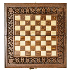 Carved "Grenadine" small game set (chess, backgammon and checkers)