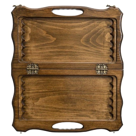 A small carved "Mountain Peaks" game set (chess, backgammon and checkers) with a handle
