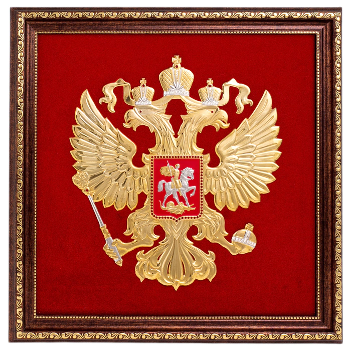 Панно "Герб РФ" на бархате, белые камни, Златоуст
