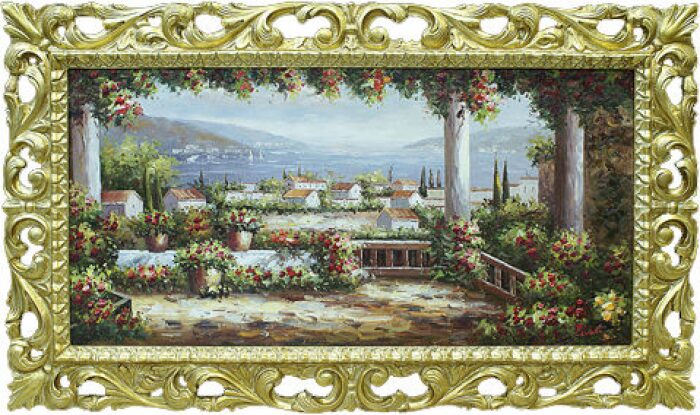 Картина "Прибрежный город", рамка: дерево золотого цвета