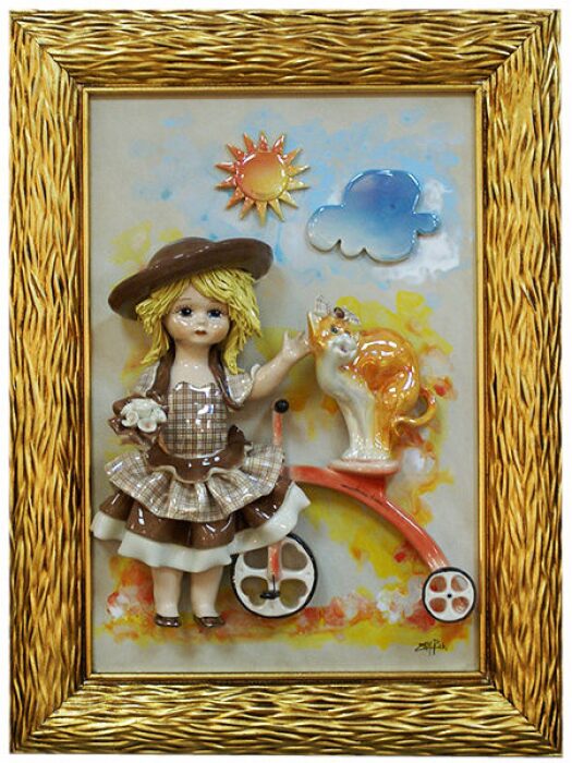 Картина прямоугольная "Кукла стоящая около велосипеда"