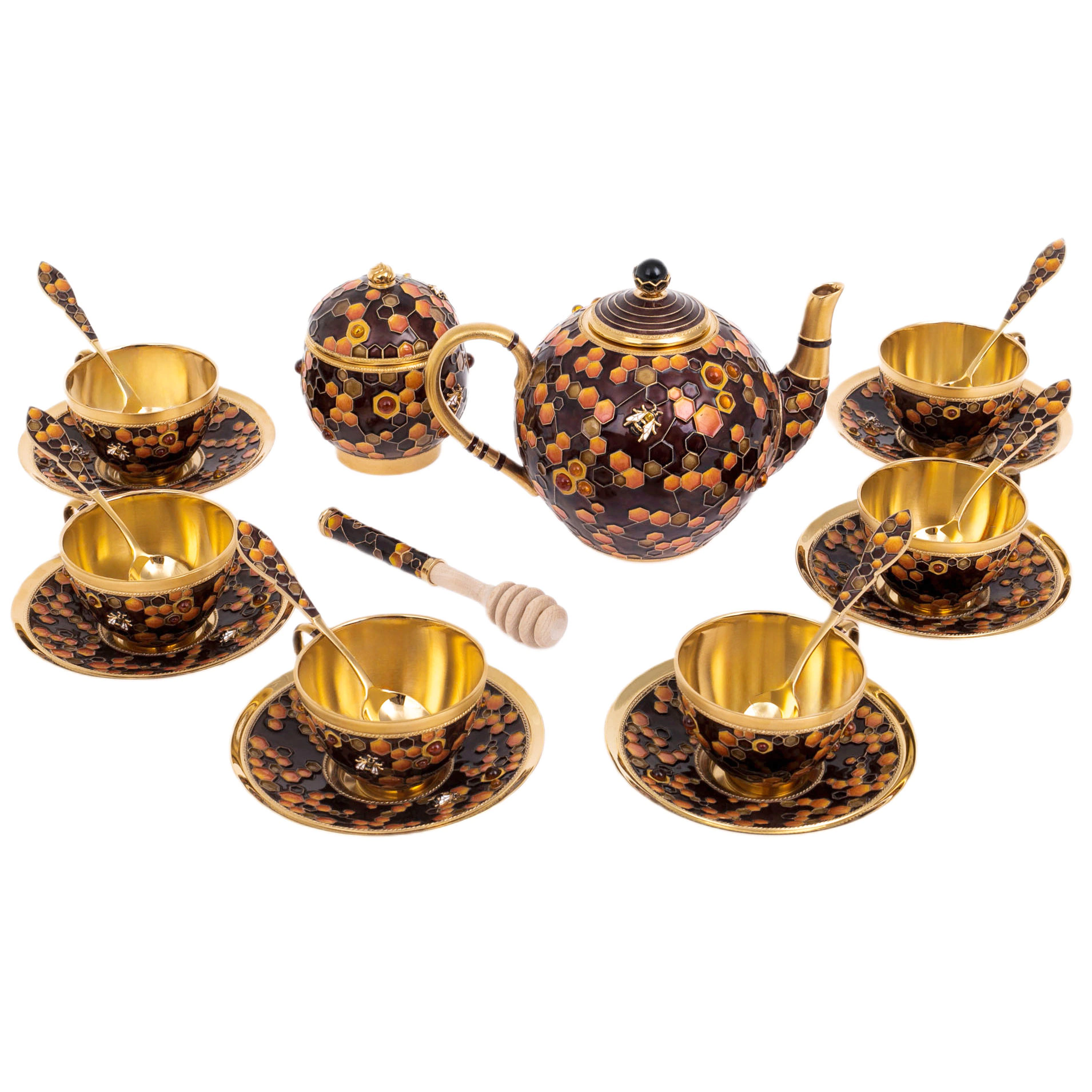 Silver "Honey" tea set with amber, for 6 people, 21 items