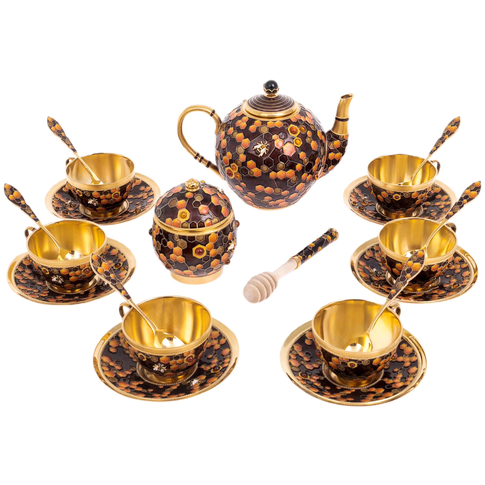 Silver "Honey" tea set with amber, for 6 people, 21 items