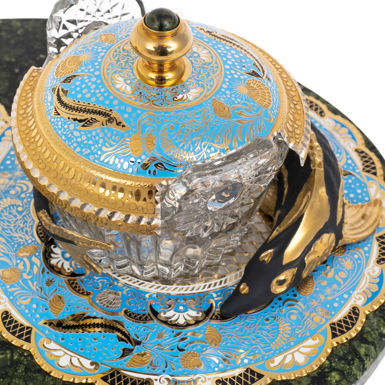 Икорница двойная "Осетры" на подставке из змеевика, Златоуст