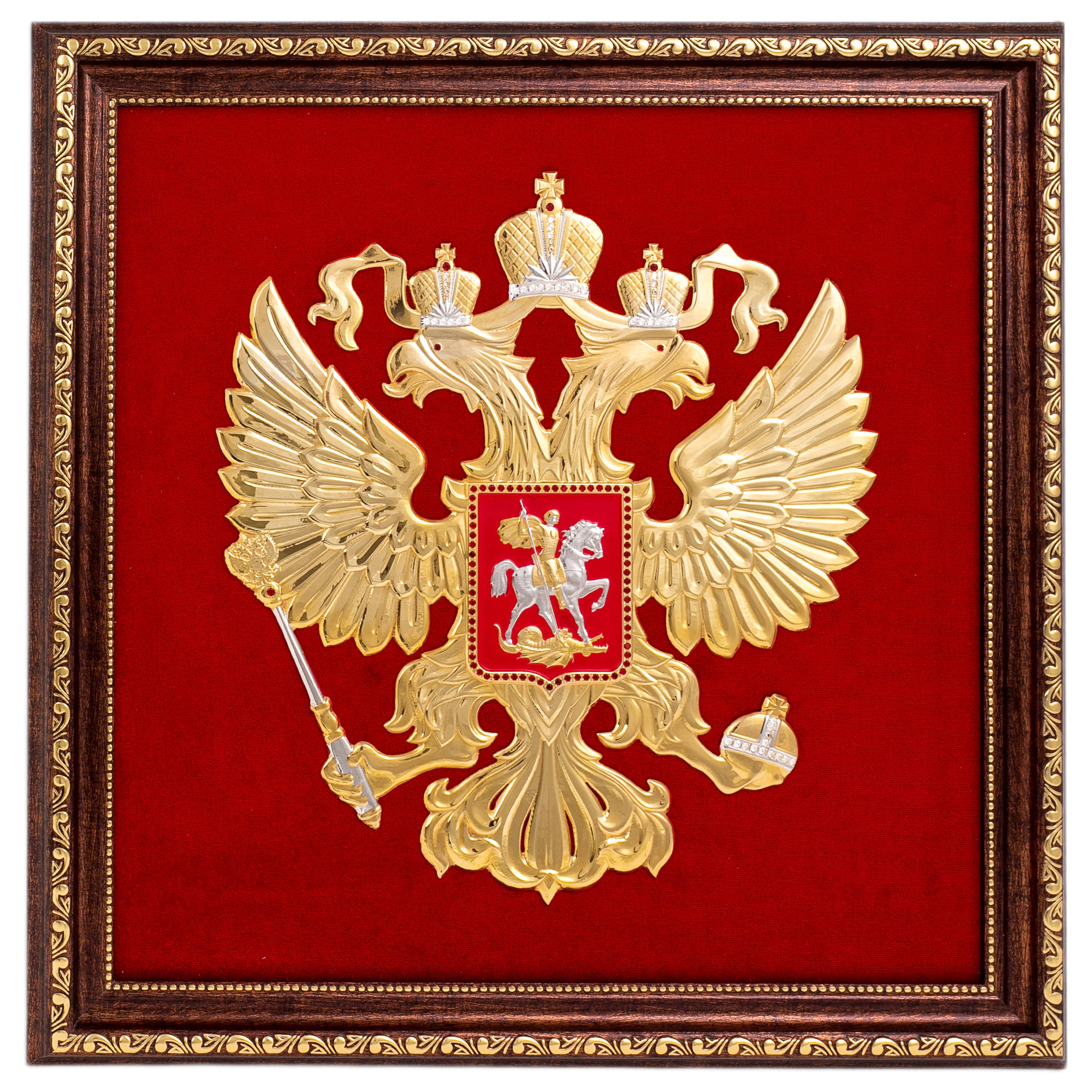 Панно "Герб РФ" на бархате, белые камни, Златоуст