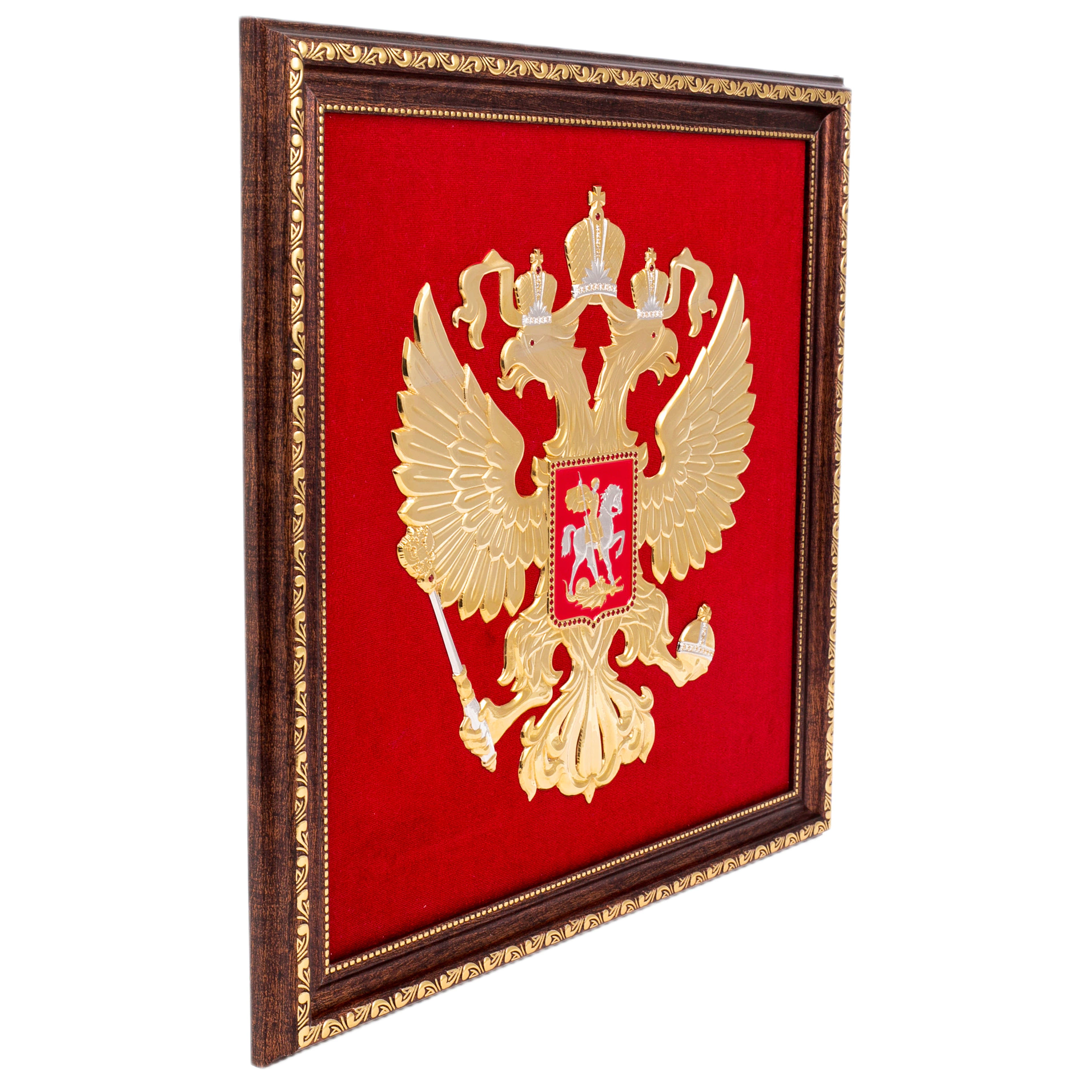 Панно "Герб РФ" на бархате, белые камни, Златоуст