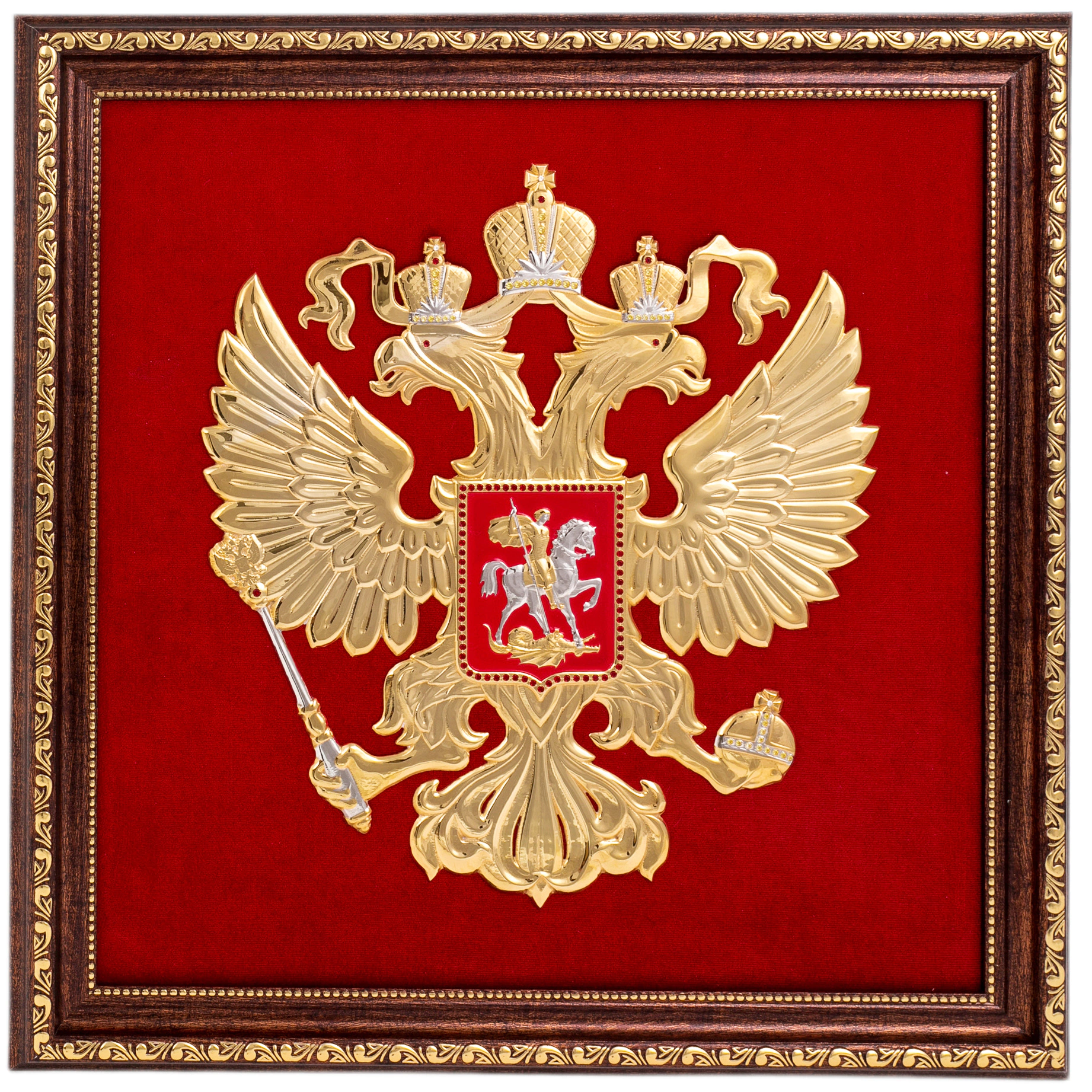 Панно "Герб РФ" на бархате, желтые камни, Златоуст