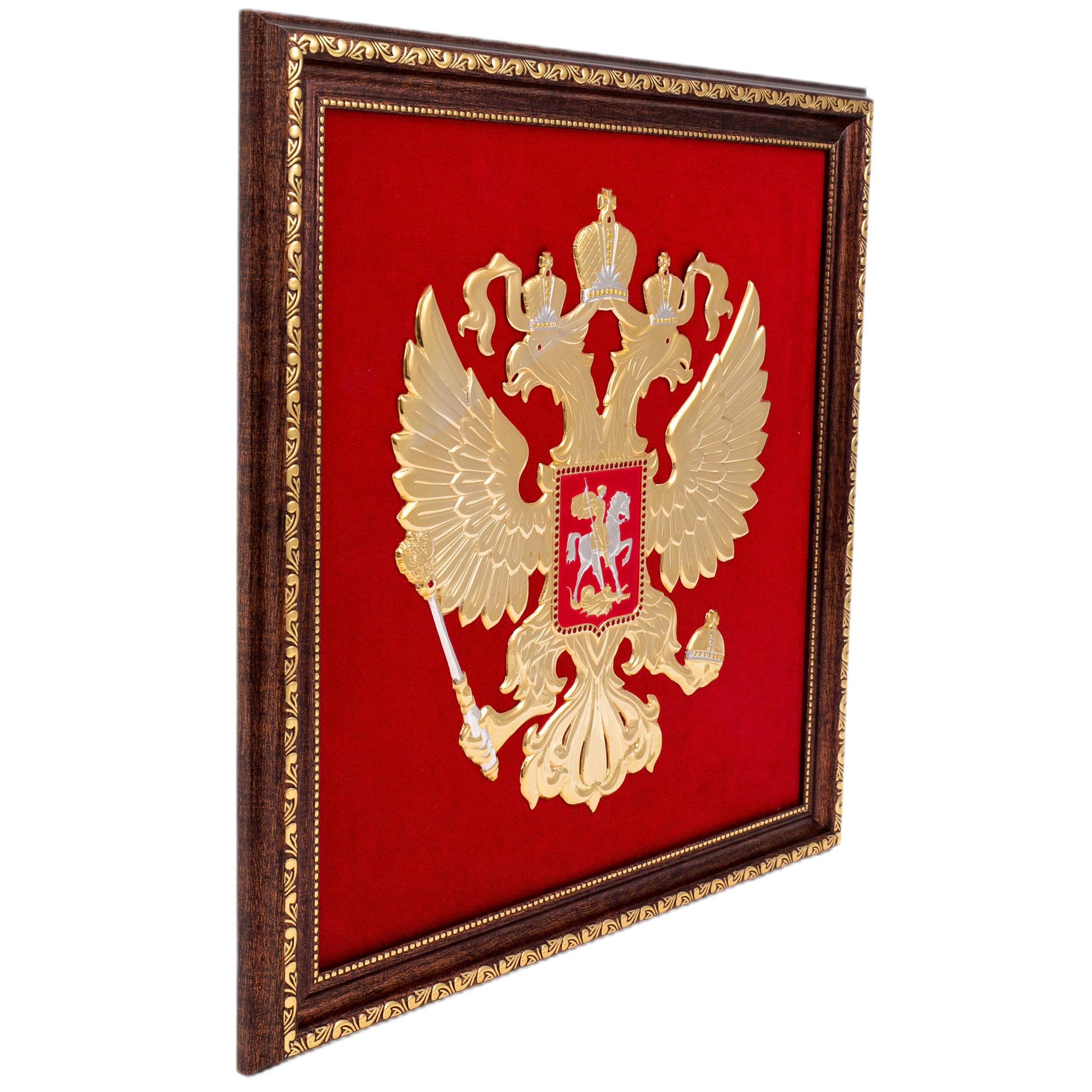 Панно "Герб РФ" на бархате, желтые камни, Златоуст